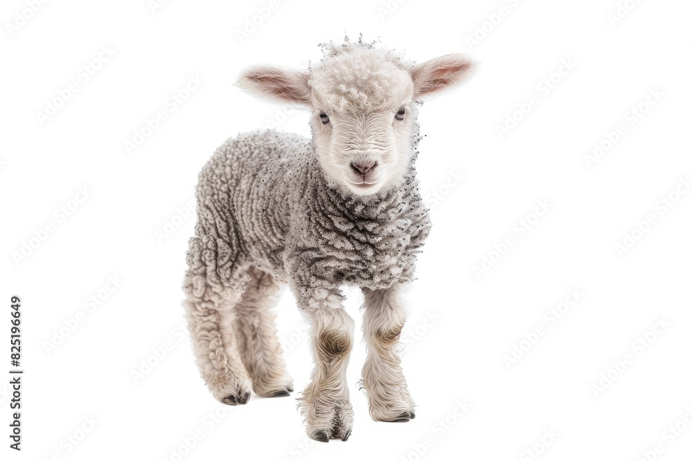Fototapeta premium Fluffy baby lamb with a soft fleece isolated on white background