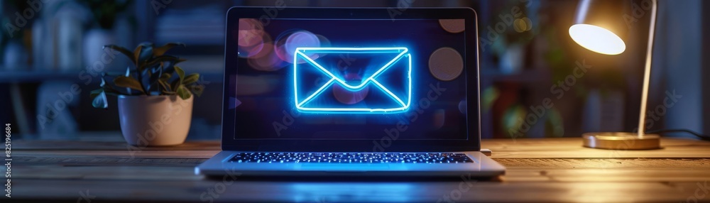 Neon glow of an email alert on a laptop in a dark, moody office setting, symbolizing urgent digital communication Neon glow of an email alert on a laptop in a dark, moody office setting, symbolizing urgent digital communication