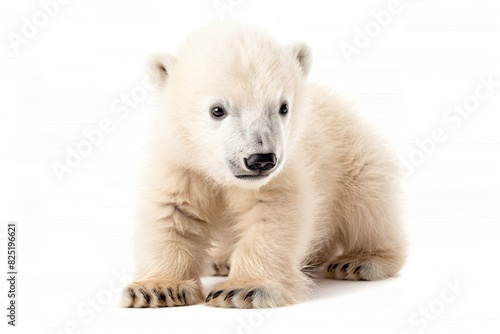 Fluffy baby polar bear with a playful pose isolated on white background