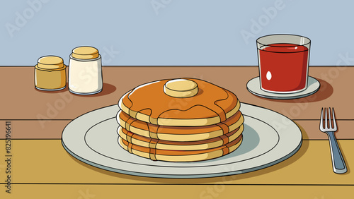 A circular silver dinner plate on the table holding a stack of fluffy pancakes drizzled with syrup.. Cartoon Vector.