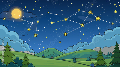A clear starry night sky without any clouds or light pollution allowing for a breathtaking view of the constellations.. Cartoon Vector.