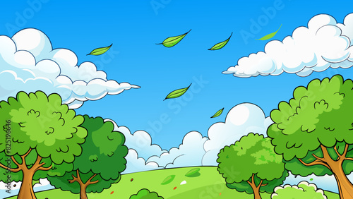 A clear blue sky with puffy white clouds drifting lazily overhead. The trees are lush and green their leaves rustling in the gentle breeze.. Cartoon Vector.