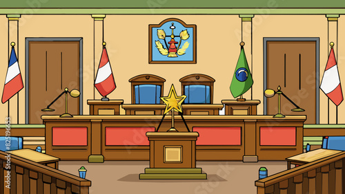 A civil courtroom with wooden benches a judges bench and flags representing justice and equality hanging on the walls.. Cartoon Vector.