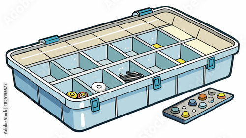 A clear plastic box with several compartments inside labeled with different types of screws and nails. The lid snaps open and shut easily and the box. Cartoon Vector.