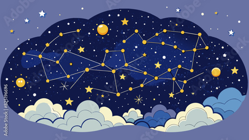A clear night sky filled with stars and constellations represents the infinite possibilities and mysteries that lie beyond our reach.. Cartoon Vector.