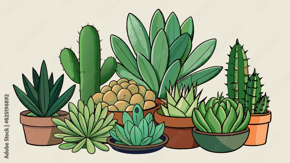 Fototapeta premium A collection of succulent plants This collection contains a variety of succulents from tiny cacti to large aloe plants. They all have thick y leaves. Cartoon Vector.