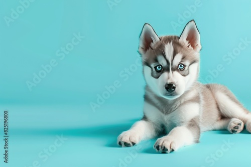 Fluffy Husky puppy with blue eyes on a turquoise background © AI Farm