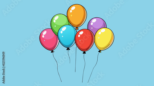 A collection of eight balloons floating in the air each balloon is a different color and size with a string attached to its bottom.. Cartoon Vector.