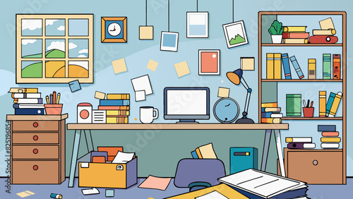 A cluttered home office with bookshelves overflowing with books papers and trinkets. The desk is covered in sticky notes with a laptop and a steaming. Cartoon Vector.