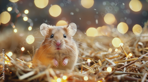 A cute hamster sitting on hay, surrounded in the style of twinkling lights and bokeh in the background.