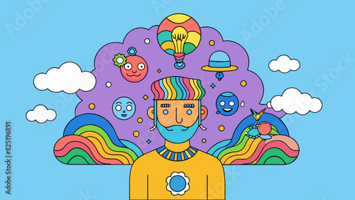 A colorful handdrawn picture of a person with thought bubbles above their head representing their heightened state of awareness and mindfulness.. Cartoon Vector.