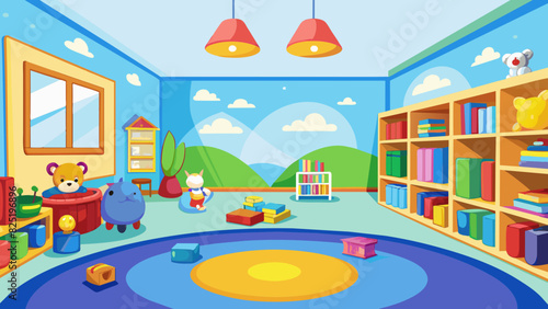 A colorful childrens playroom with bright murals on the walls a soft carpet for playing and shelves filled with toys and books creating a fun and. Cartoon Vector.