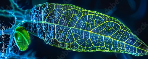 Stunning cross-section of a plant leaf showing a glowing network of veins, chloroplasts, and the epidermis