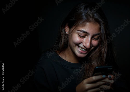 A young woman smiles as she looks at her cell phone, which has a black background, Happy woman using cell phone