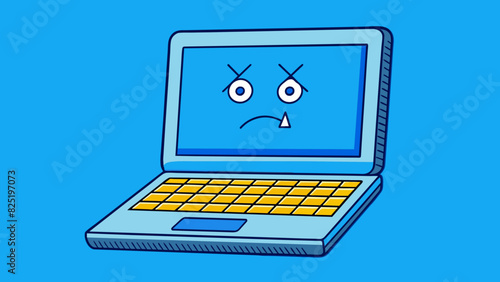 A computer unexpectedly shuts down and displays a blue screen with error codes when turned back on. The computer is a laptop and has been used. Cartoon Vector.