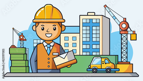 A construction site manager oversees the building project liaising with contractors ensuring materials are delivered on time and solving any issues. Cartoon Vector.