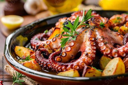 octopus and potatoes in a bowl with lemons and garlic