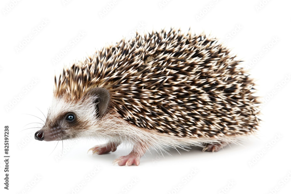Tiny baby hedgehog with quills standing up isolated on white background Tiny baby hedgehog with quills standing up isolated on white background