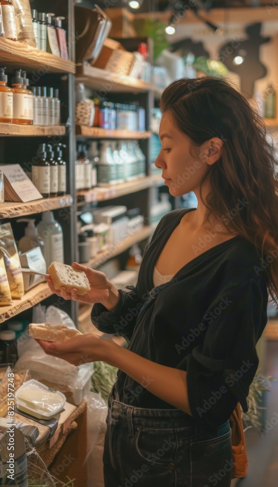 Woman in Zero Waste Store Examining Solid Face Cleanser Among Plastic-Free Alternatives - Eco-Friendly Shopping Concept Woman in Zero Waste Store Examining Solid Face Cleanser Among Plastic-Free Alternatives - Eco-Friendly Shopping Concept