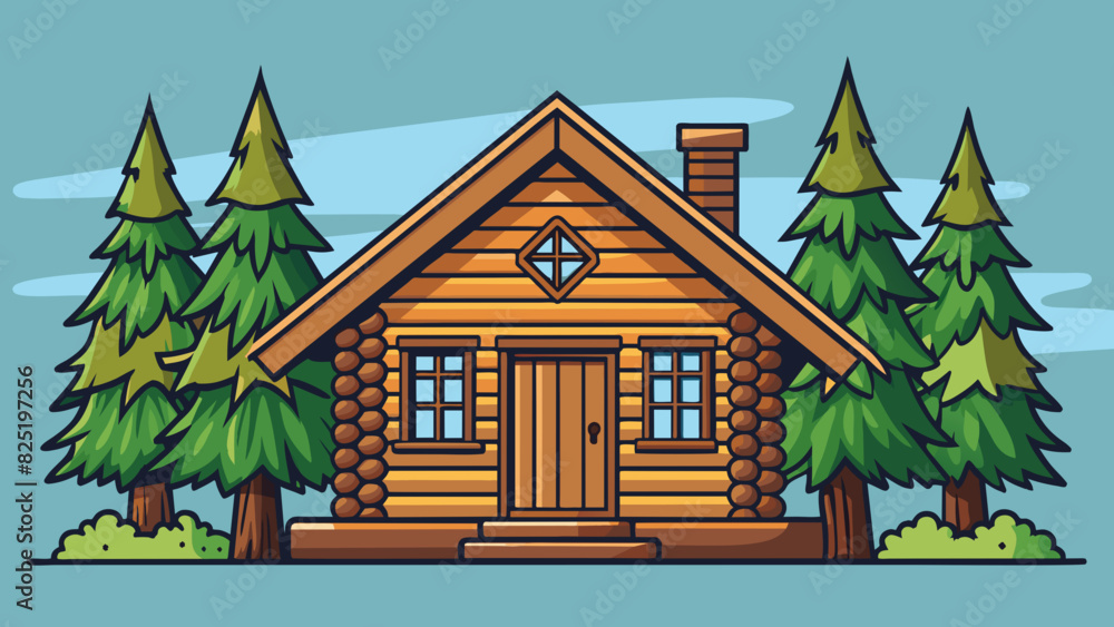 A cozy log cabin sits nestled in the woods surrounded by tall pine trees. The exterior is made of dark wood and has a rustic homey charm.. Cartoon Vector.