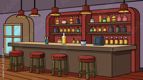 A cozy establishment with dim lighting and a sleek polished counter. The walls are lined with shelves of various bottles of liquor and there are bar. Cartoon Vector.