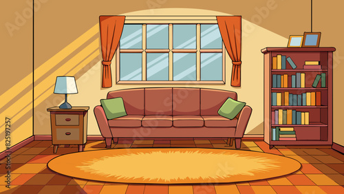 A cozy living room with a plush couch and warm colored walls. Sunlight streams in through the window highlighting the intricate patterns of the rug on. Cartoon Vector.