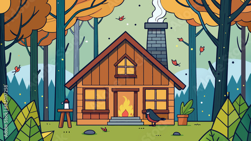 A cozy cabin in the woods with a crackling fireplace casting warm light and a cozy atmosphere through the windows. The only sounds are the occasional. Cartoon Vector.