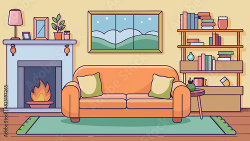 A cozy living room A plush couch sits in front of a warm fireplace adorned with soft pillows and a fluffy blanket. A bookshelf lines one wall filled. Cartoon Vector.