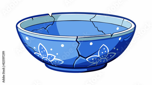 A cracked and chipped ceramic bowl no larger than a cereal bowl. Its glaze is a deep blue color and it is decorated with delicate floral patterns.. Cartoon Vector.