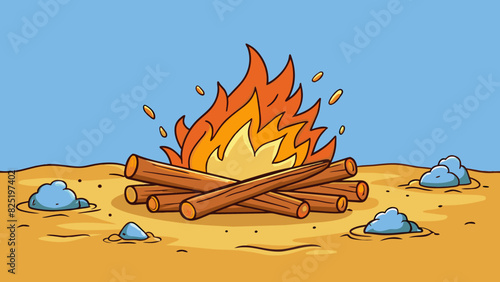 A crackling campfire on a beach surrounded by smooth pebbled sand and driftwood. The flames dance and flicker casting a warm glow on the surrounding. Cartoon Vector.