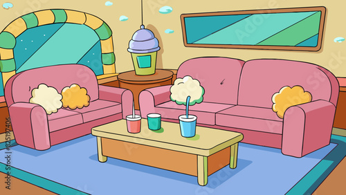 A cozy seating area made up of plush couches and fluffy pillows perfect for friends to gather and socialize while enjoying some tasty snacks from a. Cartoon Vector.