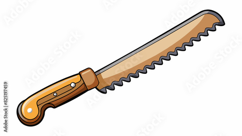 A curved tool with sharp serrated edges and a wooden handle. It is used for ting and slicing through various types of food.. Cartoon Vector.