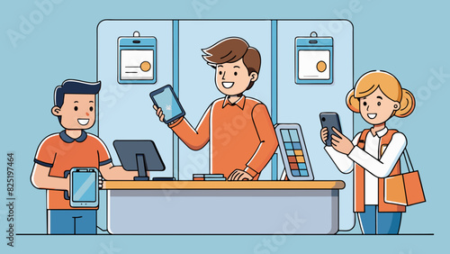 A customer purchases a new phone and is directed to a customer service desk where an employee assists with setting up the phone and transferring data. Cartoon Vector.