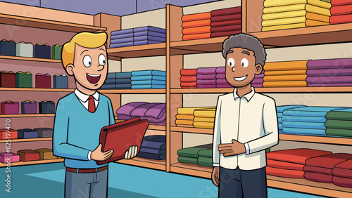 A customer and store employee examine various fabrics in a fabric store. The employee explains the differences between each type discussing their. Cartoon Vector.