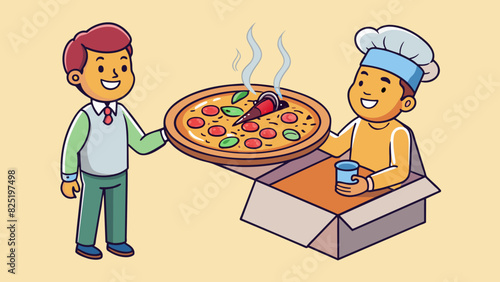 A customer receives a steaming hot pizza from the delivery person. The pizza is round with a golden crust melted cheese and colorful toppings.. Cartoon Vector.