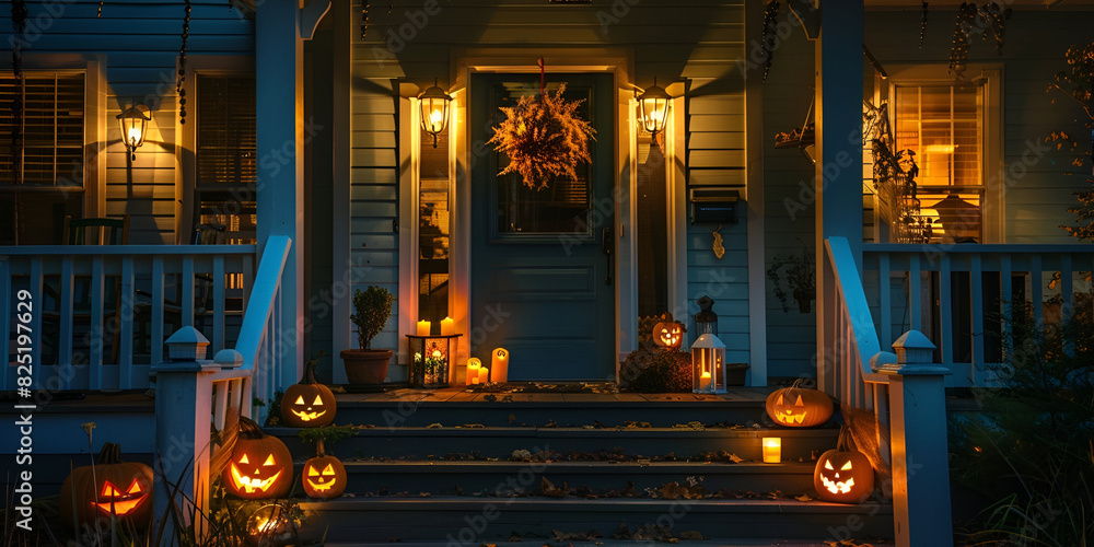 Front porch halloween decor after dark Created with generative AI technology
