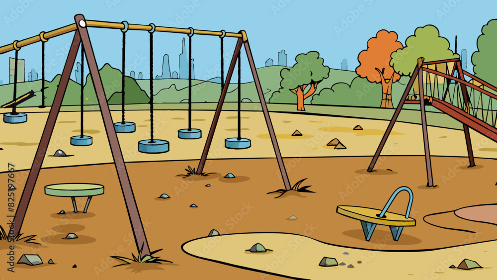 Fototapeta premium A deserted playground with broken swings and rusted slides the absence of laughter and playful chatter making it seem eerie and desolate. The lack of. Cartoon Vector.