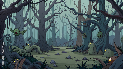 A dark and eerie forest with gnarled trees and tangled vines. The ground is covered in moss and fallen leaves and the occasional rustle can be heard. Cartoon Vector.