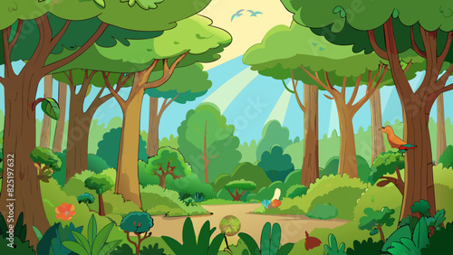 A dense lush forest alive with the sounds of chirping birds and rustling leaves. Trees of all shapes and sizes reach towards the sky their branches. Cartoon Vector.