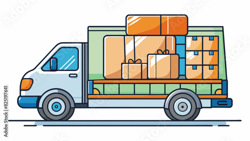 A delivery truck loaded with various sizes of cardboard boxes labeled with different product names. The truck has a ramp at the back for easy. Cartoon Vector.