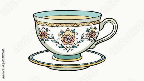 A delicate porcelain tea cup with intricate floral designs and a dainty handle.. Cartoon Vector.