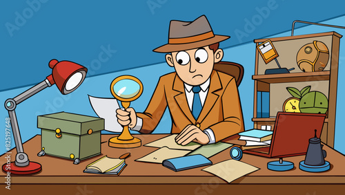 A determined detective is sifting through a cluttered desk carefully examining each item as they seek out the clue that will solve the mysterious. Cartoon Vector.
