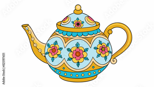 A delicate porcelain teapot adorned with vibrant floral patterns and golden accents.. Cartoon Vector.
