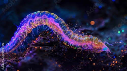 Stunning close-up of a nematode worm wriggling through soil particles, illuminated by various fluorescence stains photo