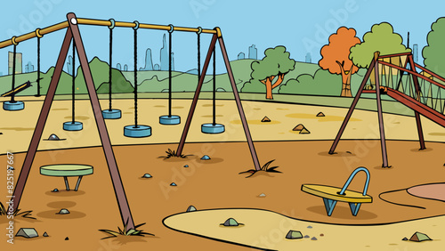 A deserted playground with broken swings and rusted slides the absence of laughter and playful chatter making it seem eerie and desolate. The lack of. Cartoon Vector.