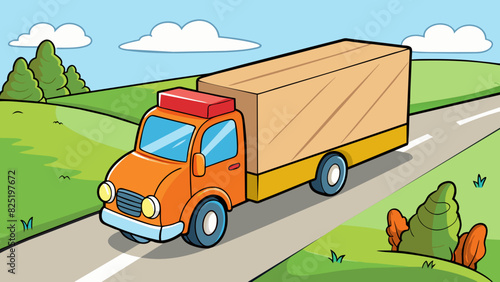 A delivery truck rumbled down a country road its engine sending a low hum echoing through the fields. It was carrying a large crate marked fragile and. Cartoon Vector.