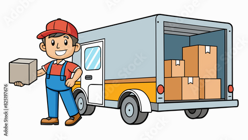 A delivery driver loading heavy boxes into their truck the sound of cardboard sc against metal and the scent of diesel fuel lingering in the air.. Cartoon Vector.