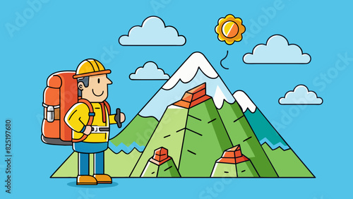 A determined hiker is gazing up at a towering mountain their backpack filled with supplies as they seek to conquer the challenging summit.. Cartoon Vector.