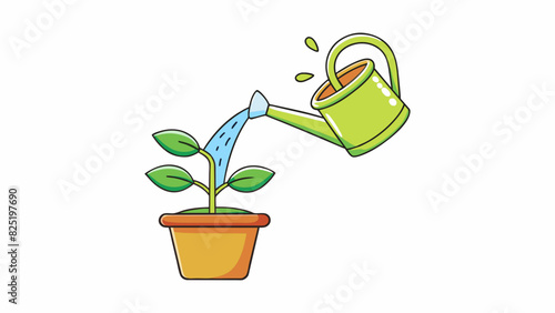 A delicate potted plant being gently watered with droplets sparkling on its glossy green leaves.. Cartoon Vector.