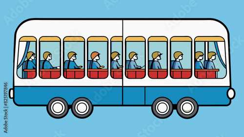 A doubledecker carriage with rows of identical windows and doors filled with passengers commuting to work.. Cartoon Vector.